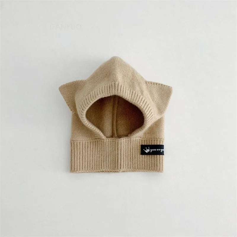 Baby Scarf Hat One-piece Knitted Cap Warm Cute Double Hairball Children Ear Protection Caps Korean Boys Girls Kid Windproof Hats