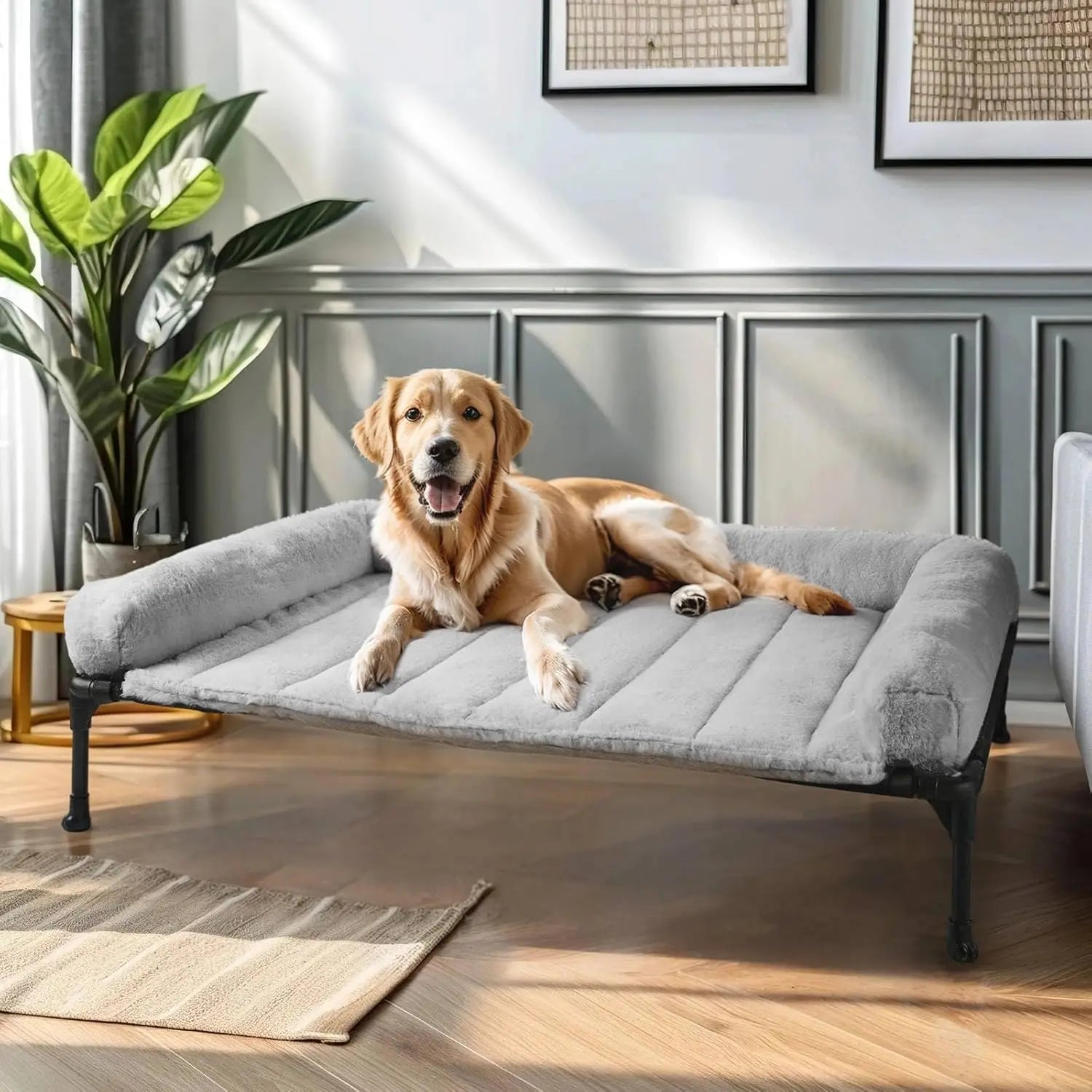 Grey elevated orthopedic dog bed with fluffy bolster and non-slip feet, large size