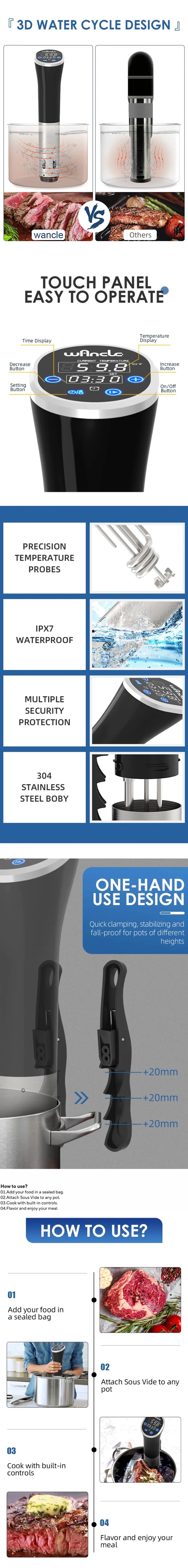 Wancle 1100W Sous Vide Cooker LCD Touch Immersion Circulator Accurate Cooking IPX7 Waterproof Vacuum Cooker with Digital Display
