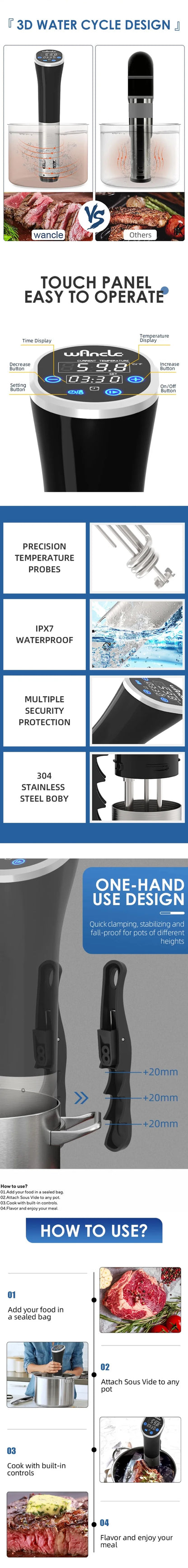 Wancle 1100W Sous Vide Cooker LCD Touch Immersion Circulator Accurate Cooking IPX7 Waterproof Vacuum Cooker with Digital Display