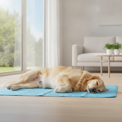 Gray cooling pet bed with dog resting on it indoors during daytime.